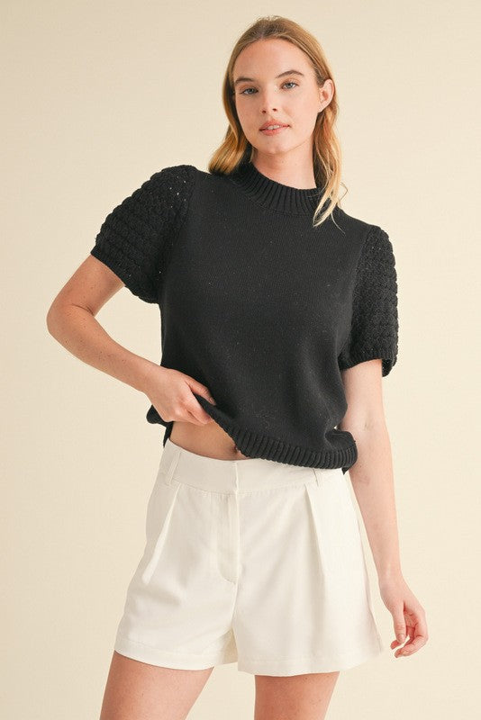 Knit Puffed Sleeves Knit Top with Crochet