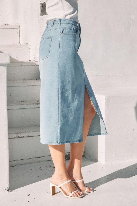 Washed Denim Midi Skirt