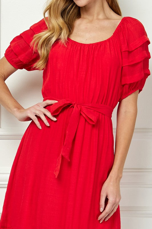 Papaya Gauze Midi Dress W/flange Slv Detail