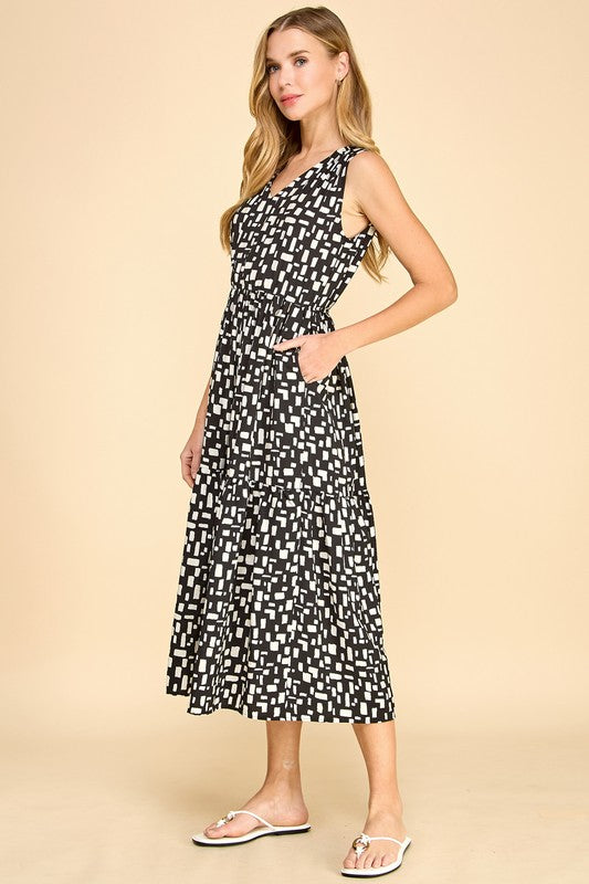 V Neck Sleeveless Abstract Print Midi Dress