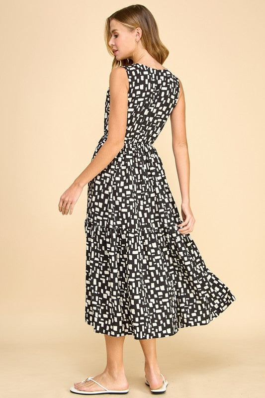 V Neck Sleeveless Abstract Print Midi Dress