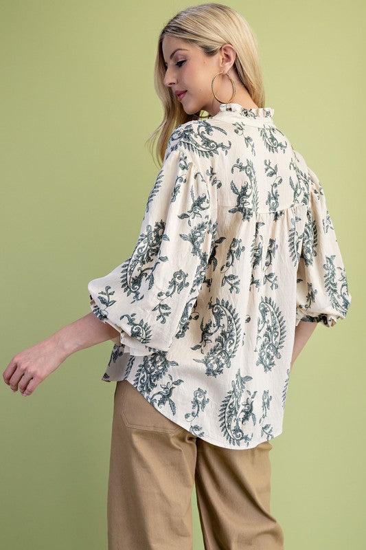 Botton Down Blouse With 3/4 Length Balloon Sleeves