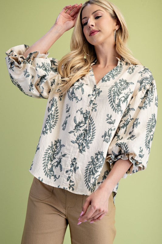 Botton Down Blouse With 3/4 Length Balloon Sleeves