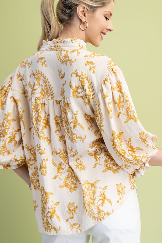 Botton Down Blouse With 3/4 Length Balloon Sleeves