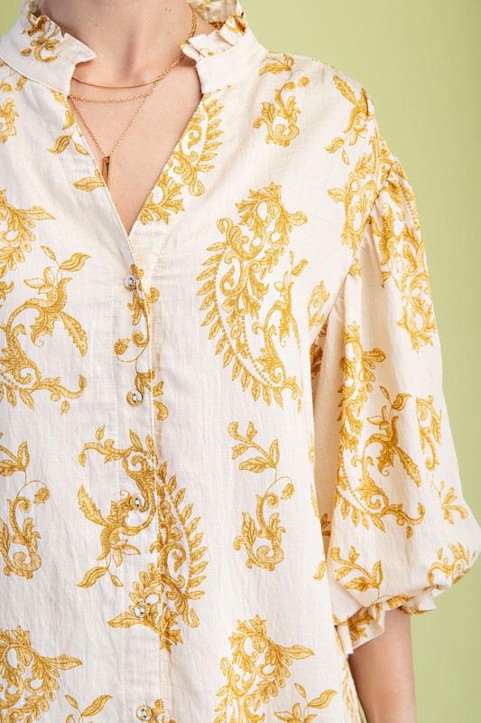 Botton Down Blouse With 3/4 Length Balloon Sleeves