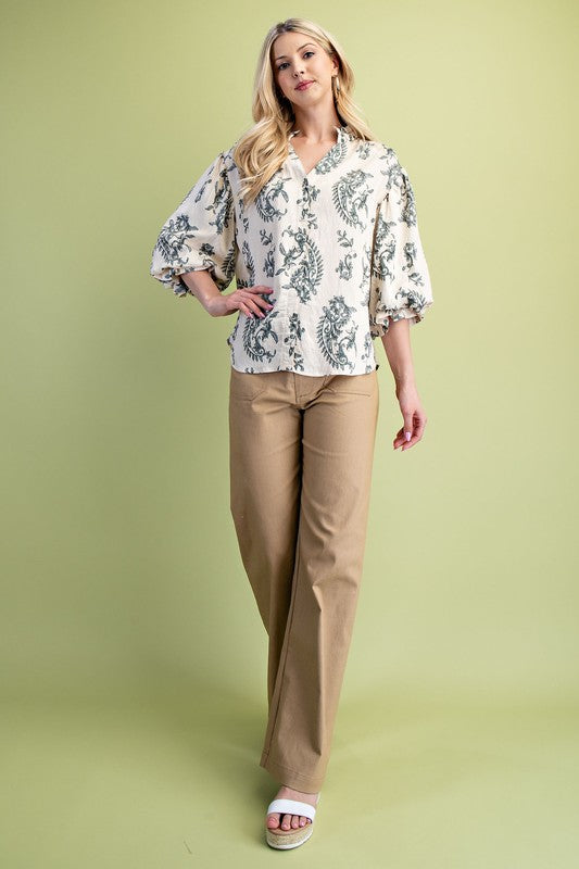 Botton Down Blouse With 3/4 Length Balloon Sleeves