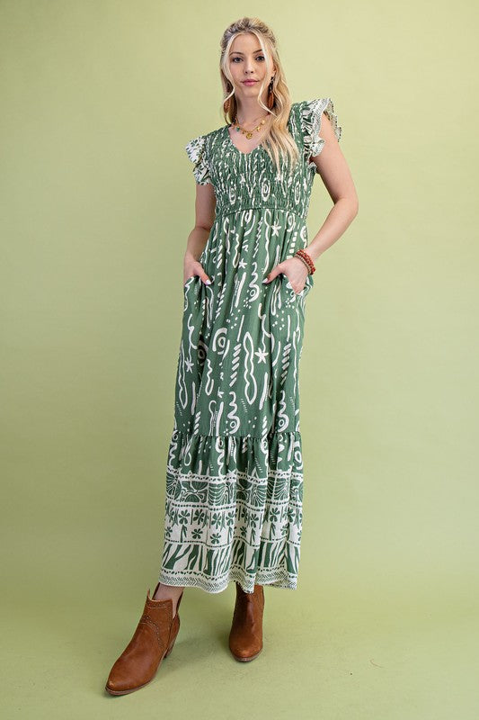 Mixed Print V-neck Midi Dress