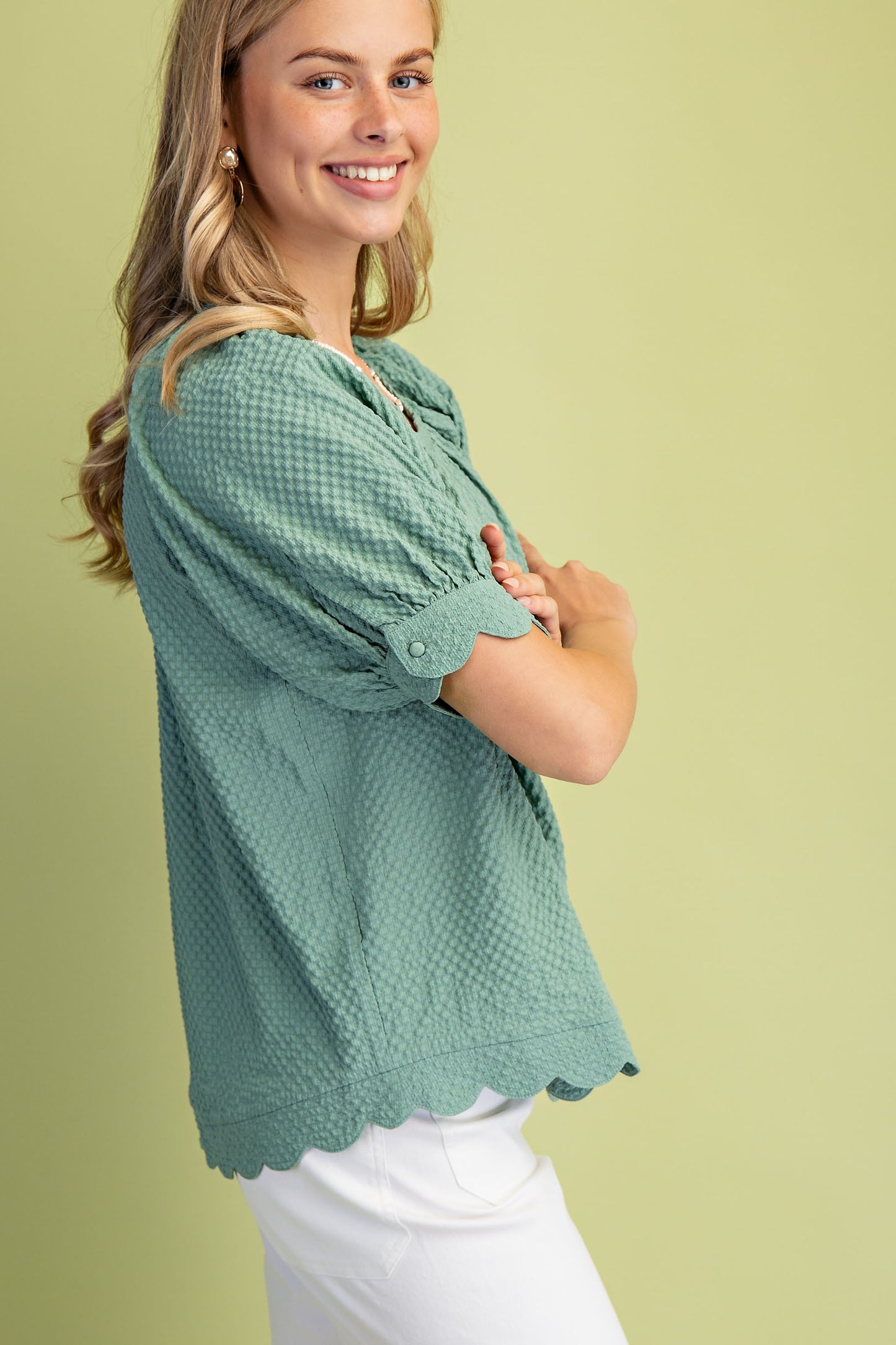 Mint Textured Round Neck Blouse