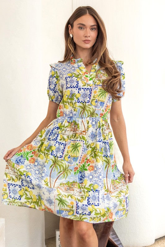 Lemon & Tile Print Puff Sleeve Dress