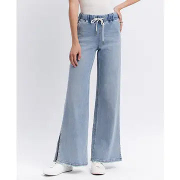 High Rise Drawstring Waistband Slit Wide Leg Jeans