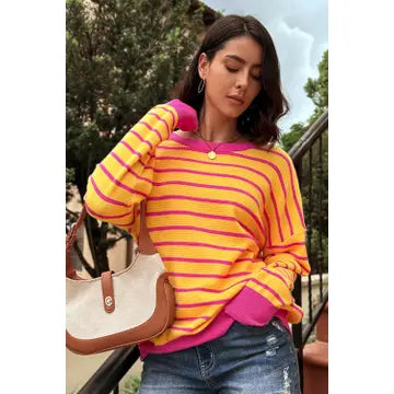 Stripe Round Neck Drop Shoulder Sweater