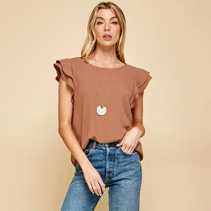 Solid Short Ruffle Sleeve Top