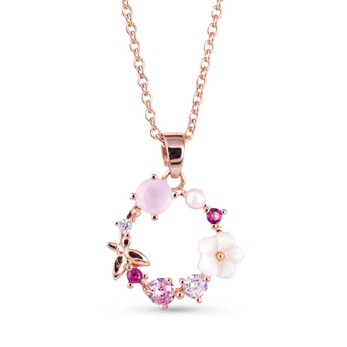 CZ/Pearl Multi-Color Circle Necklace - Rosegold