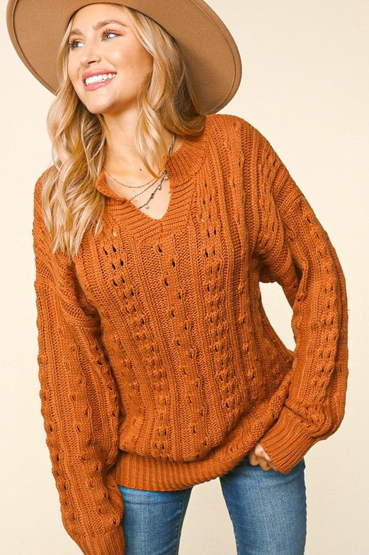 Notched Neck Cable Knit Loose Fit Sweater