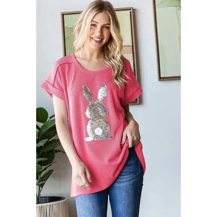 Short Sleeve Solid Urban Ribb Top with Rabbit
