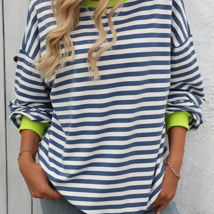 Color Striped Crew Neck Loose Sweatshirt