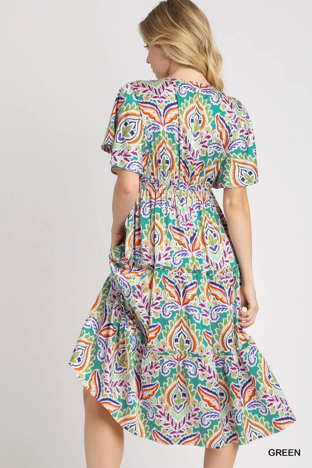 Satin Paisley Ruffle Trim Tiered A-Line Midi Dress