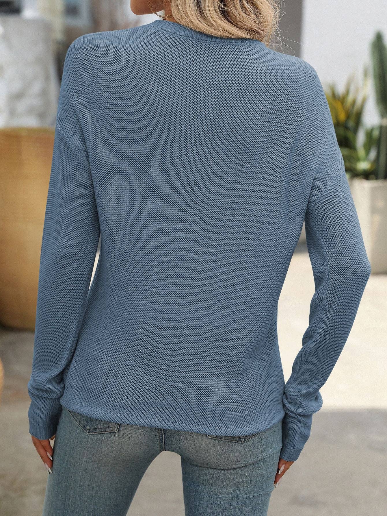 Crew Neck Long Sleeve Knitted Thick Stitch Casual Sweater