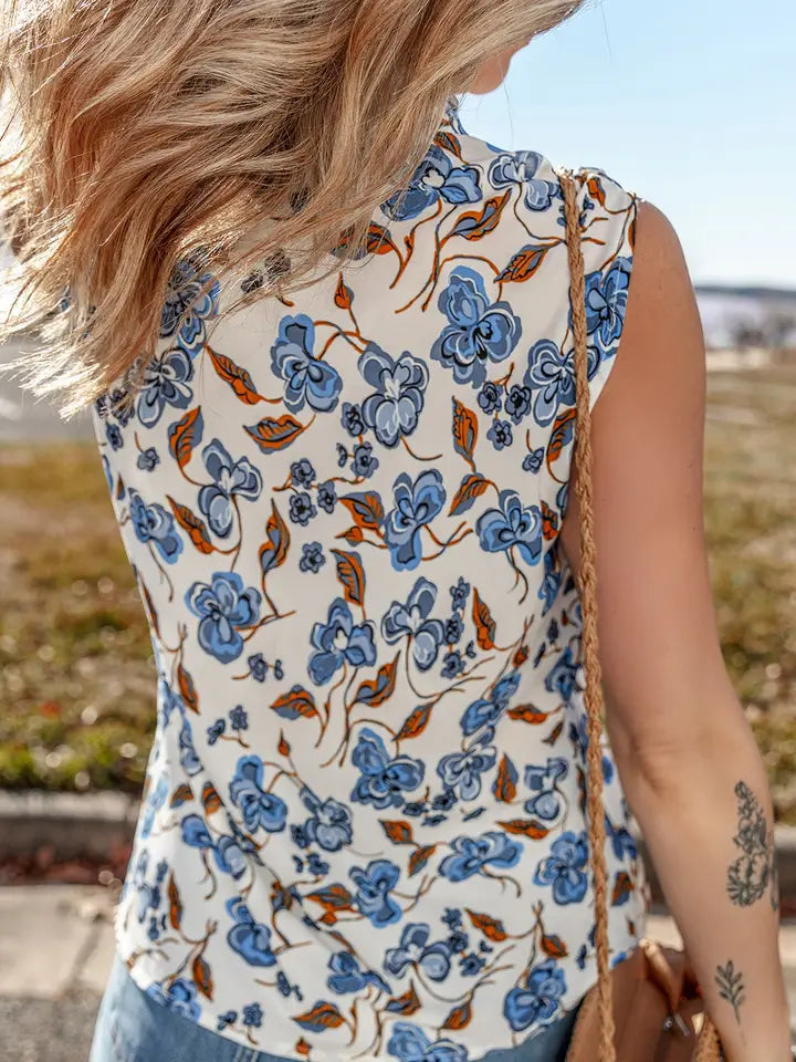 Floral Print Knotted V Neck Elegant Tank Top