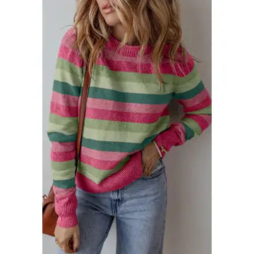 Stripe Color Block Ribbed Edge Sweater