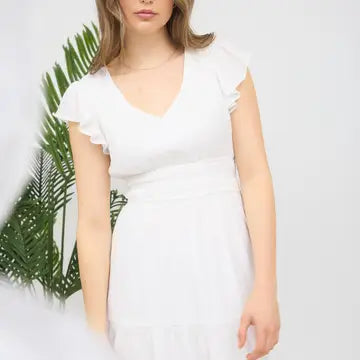 V Neck Short Sleeve Ruffle Detail Shirred Mini Dress