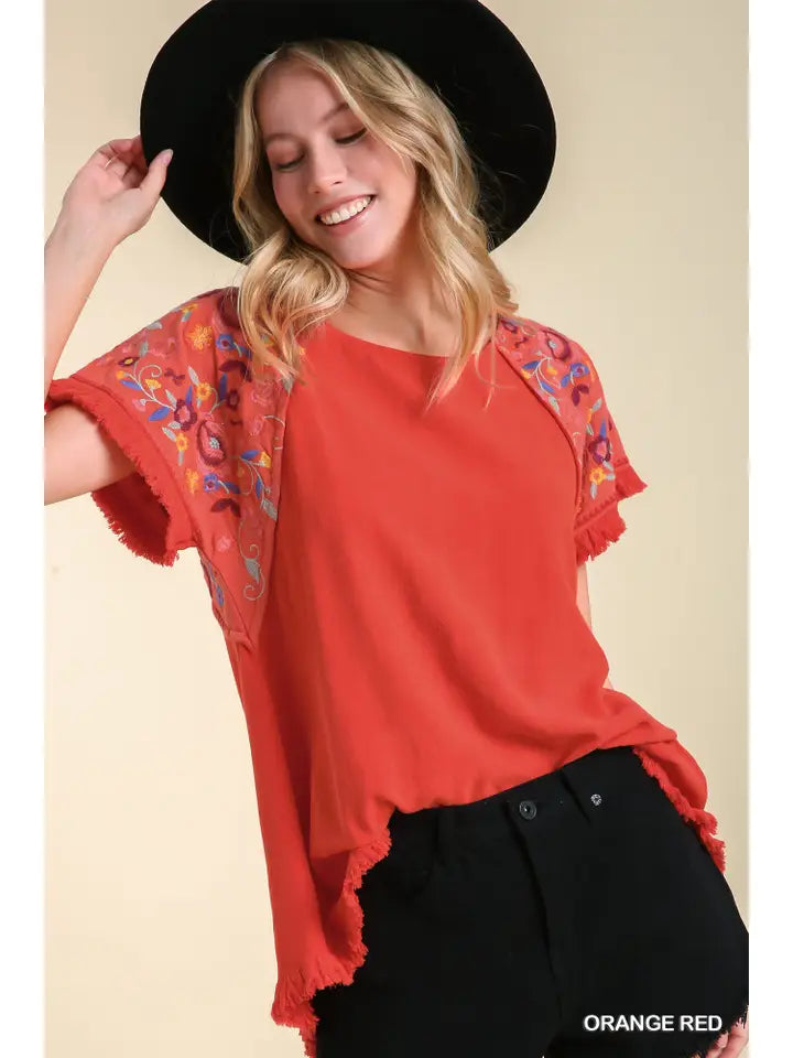 Embroidery Round Neck Short Sleeve Linen Top