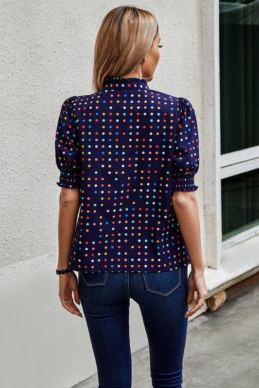 Polka Dot Print Puff Sleeve Button Shirt