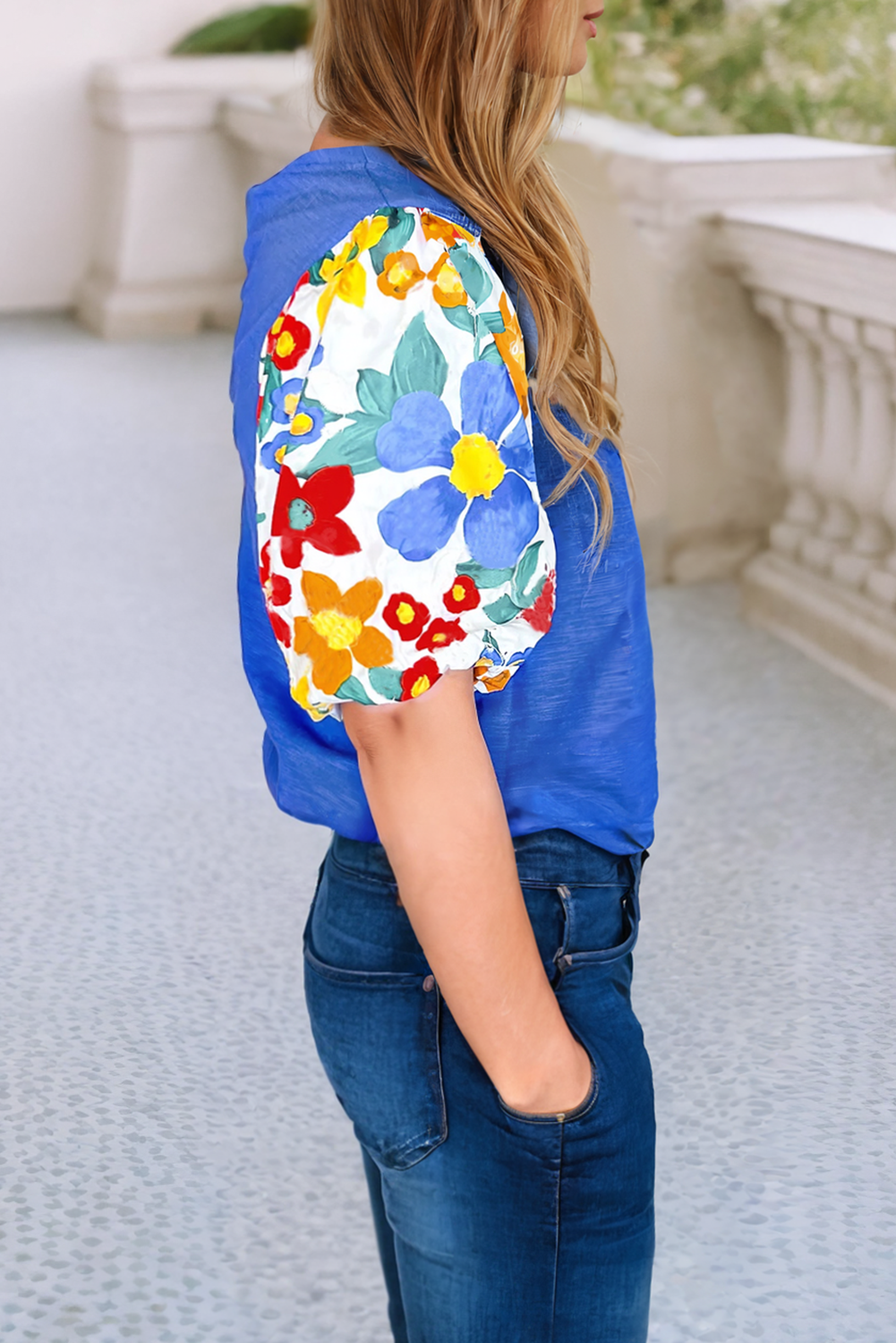 Floral Print Puff Sleeve Round Neck Blouse