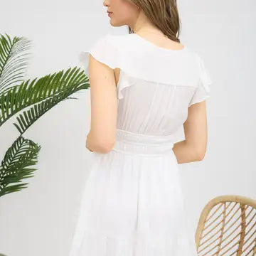 V Neck Short Sleeve Ruffle Detail Shirred Mini Dress