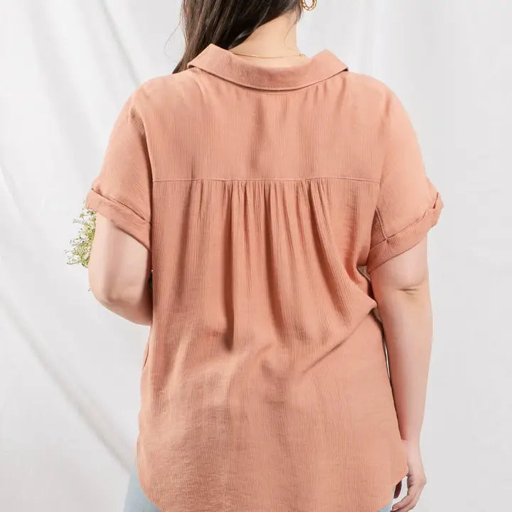 Mid Button Down Cuffed Short Sleeve Top
