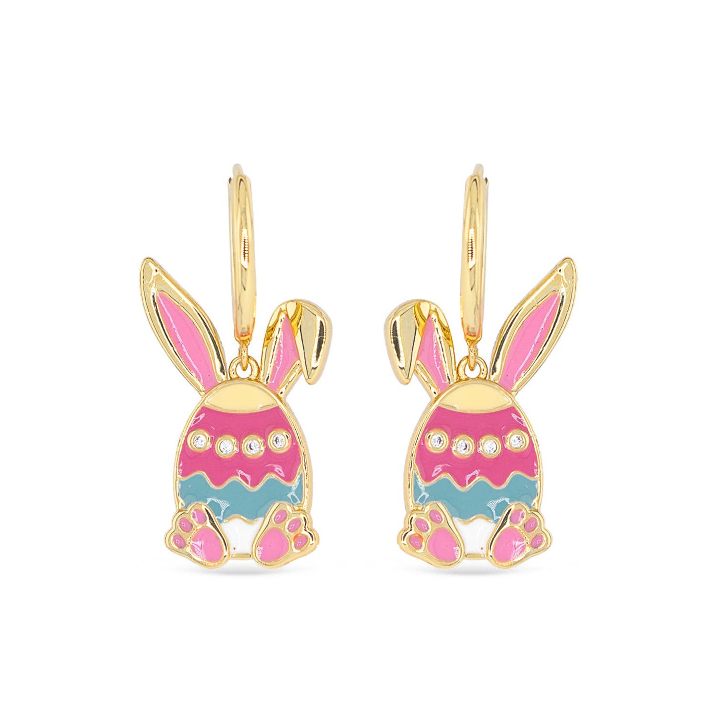 Gold CZ & Enamel Bunny Egg Hoop Dangle Earrings