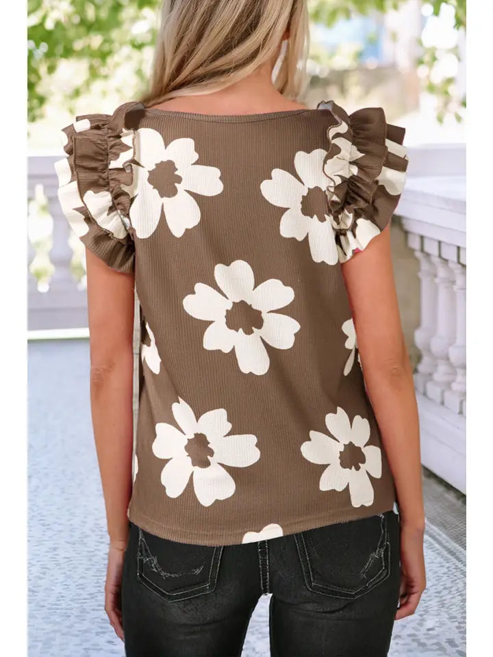 Floral Ruffled Short Sleeve Textured Blouse