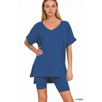 Microfiber V-Neck Top & Biker Short Set