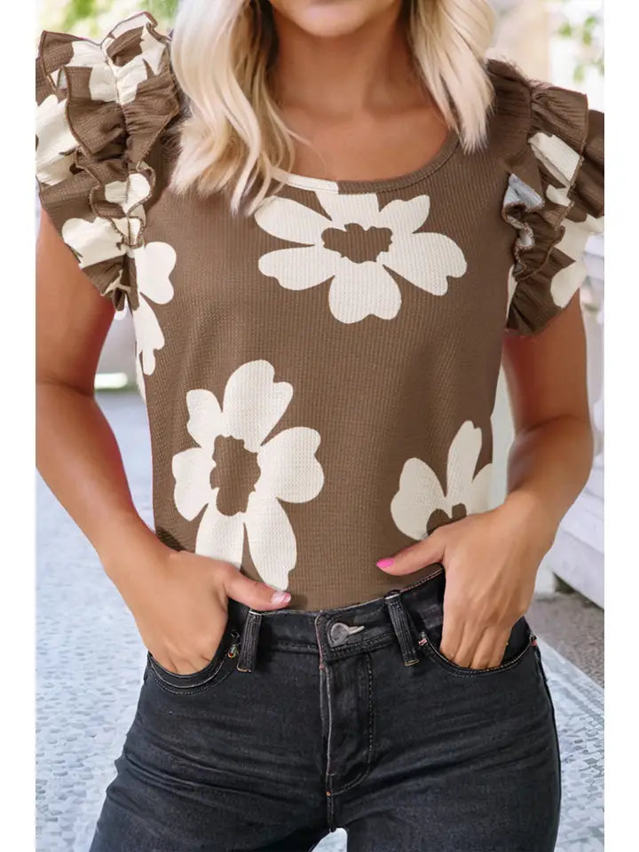 Floral Ruffled Short Sleeve Textured Blouse