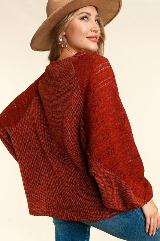 V Neck Banded Dolman Bubble Long Sleeve Knit