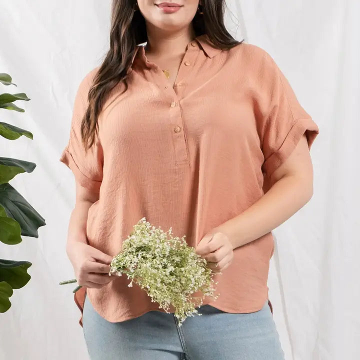 Mid Button Down Cuffed Short Sleeve Top