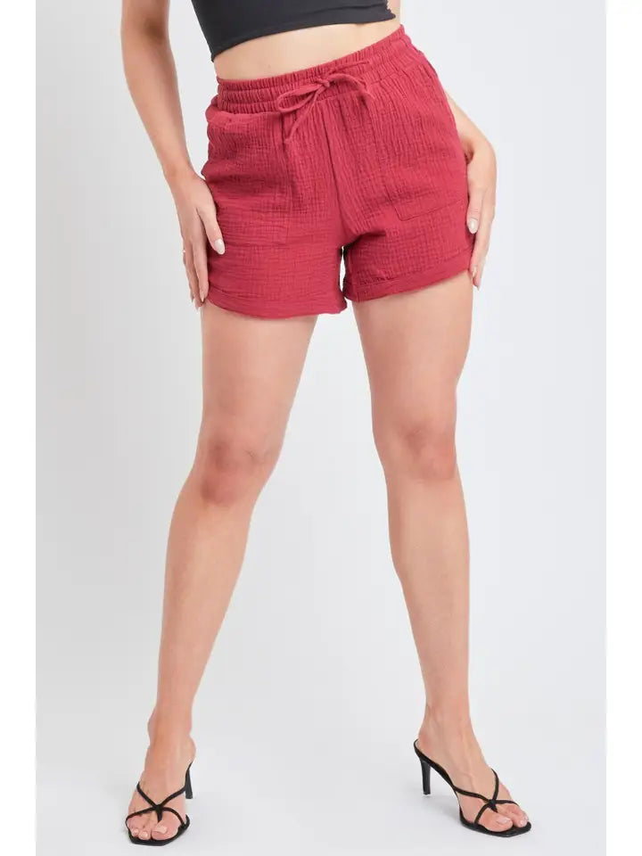 Garnet Double Gauze Drawstring Banded Hem Shorts
