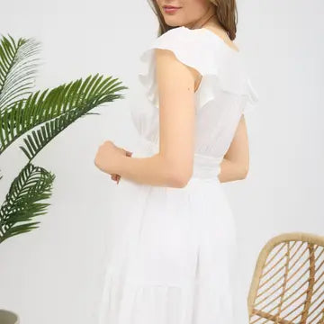 V Neck Short Sleeve Ruffle Detail Shirred Mini Dress
