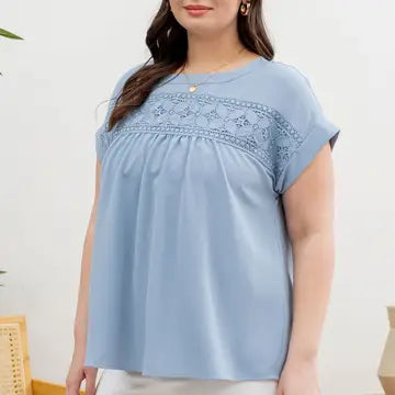 Floral Eyelet Lace Trim Back Button Top