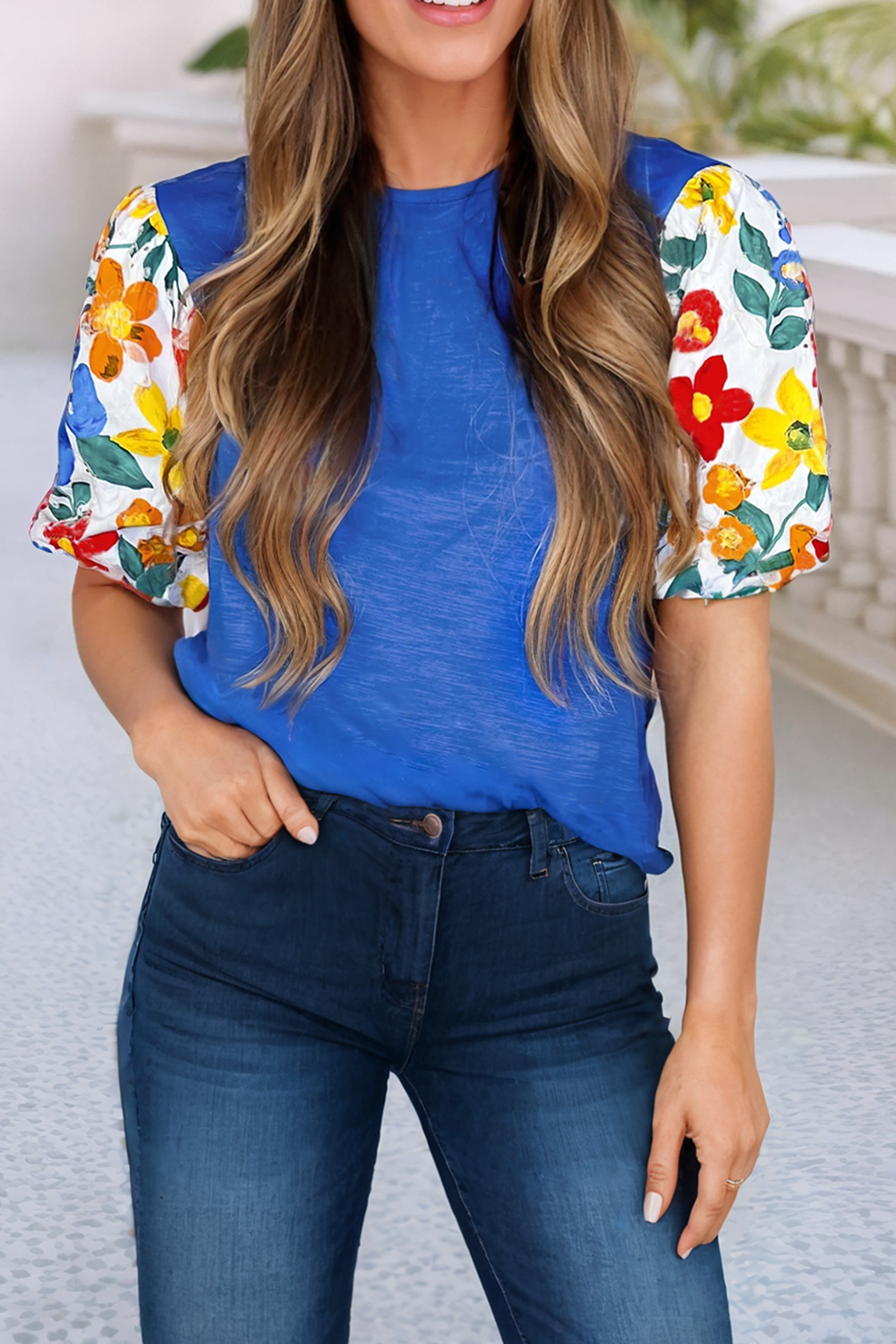 Floral Print Puff Sleeve Round Neck Blouse