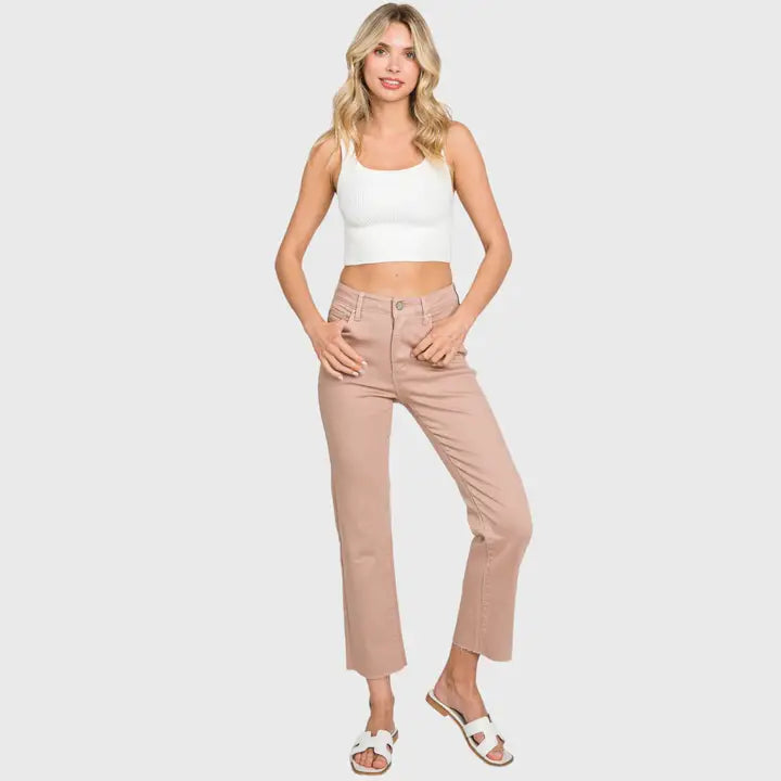 High Rise Stretch Slim Straight Jean w/ Raw Hem