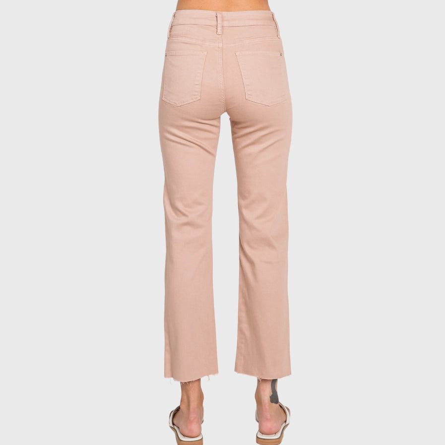 High Rise Stretch Slim Straight Jean w/ Raw Hem