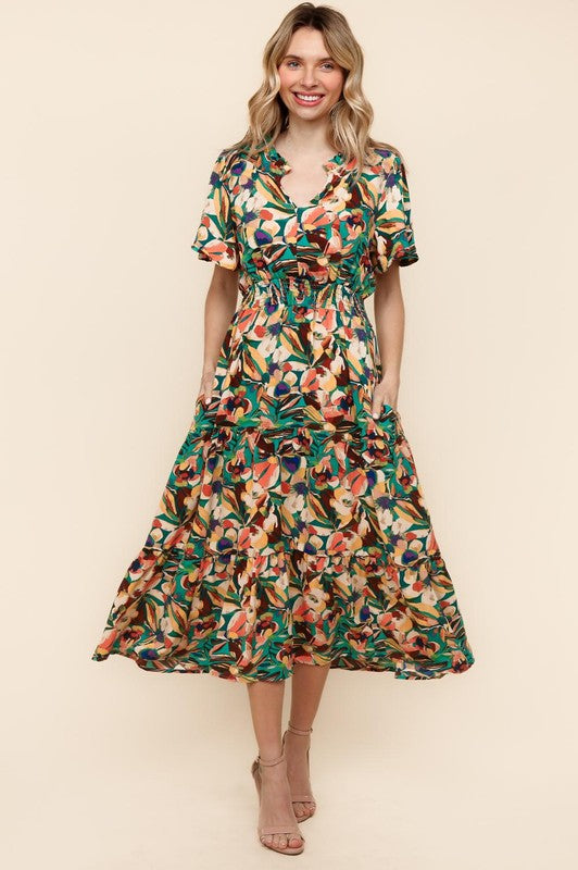SMOCKED WAIST MAXI LENGTH WOVEN DRESS