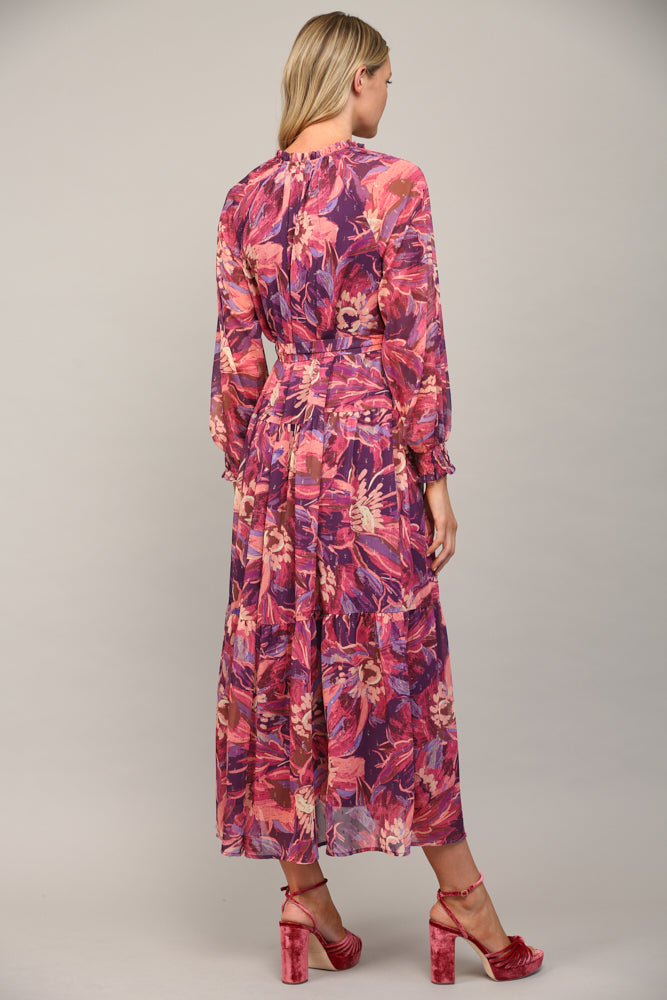 ABSTRACT PRINT WITH LUREX CHIFFON TIERED MAXI DRESS