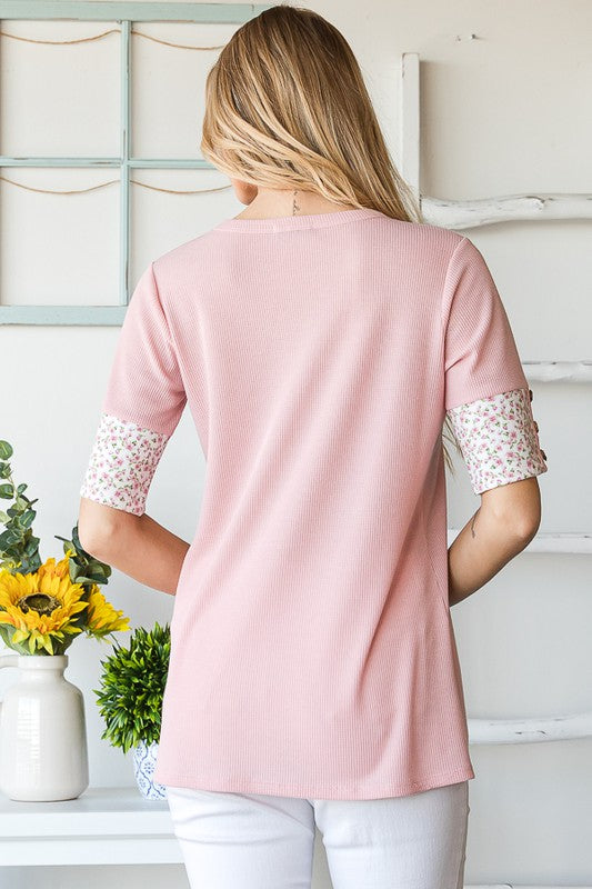 Solid Ribbed and Floral Top with Button
