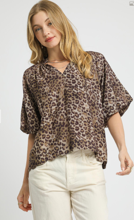 Bubble Sleeved Animal Print Blouse