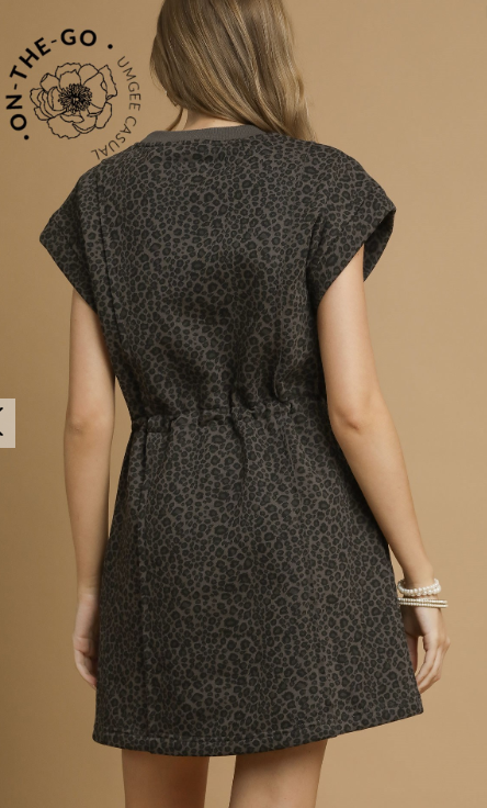 Leopard Print Knit Dress with Drawstring Waist