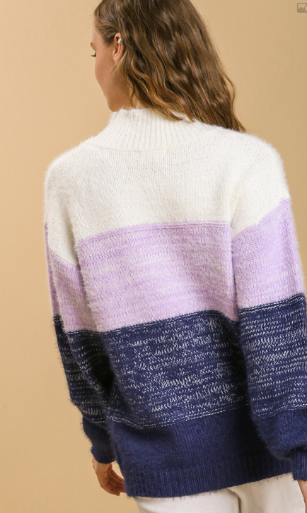 Color Block Mock Neck Knitted Pullover Sweater