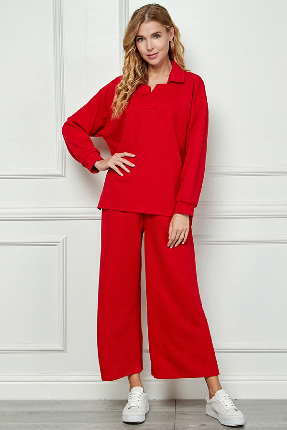 Long Sleeve Textured Collared Top