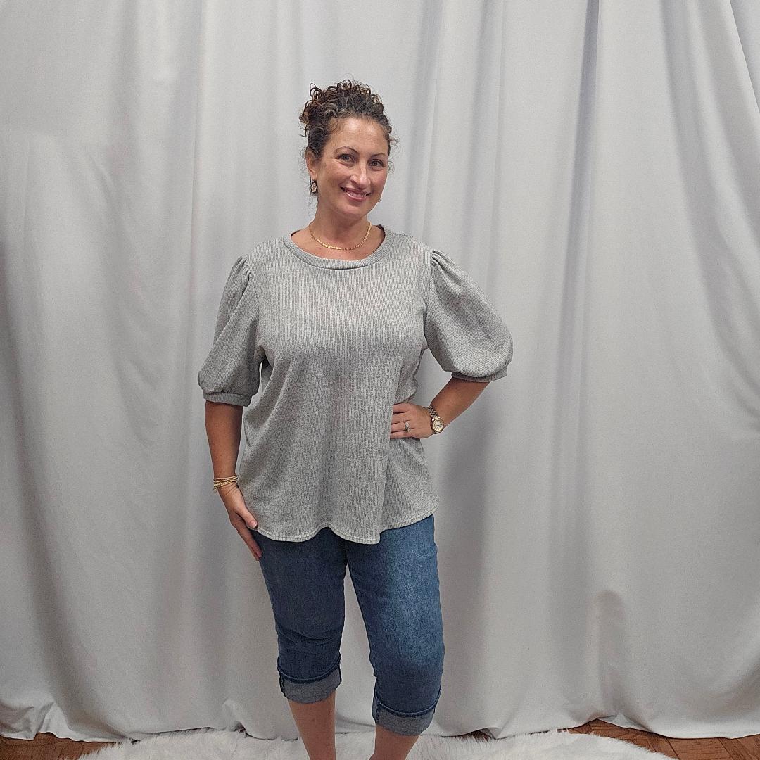 Puff Sleeve Two Tone Sweater Knit Top
